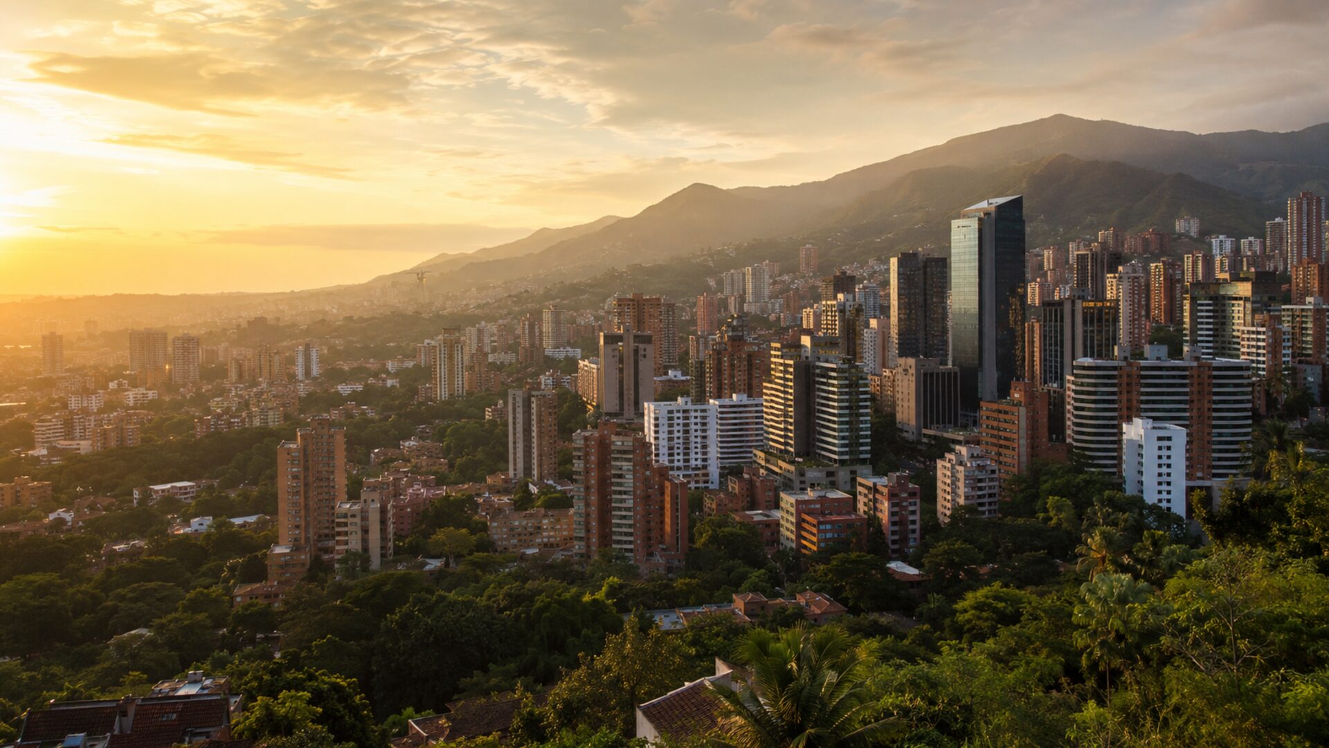 Medellín Colombia skyline at golden hour with mountains